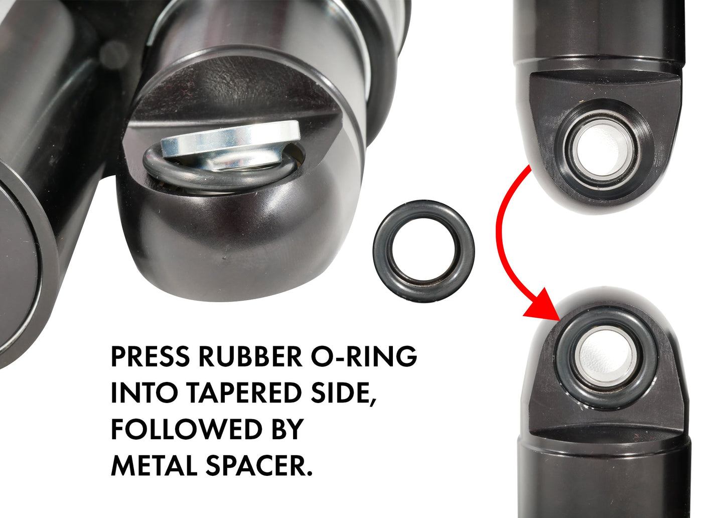 The image displays a close-up of RWD V-Twin suspension components and instructions for installing an O-ring. A black rubber O-ring is shown separately and then being pressed into the tapered side of a black suspension eyelet, followed by a metal spacer. The image illustrates the correct assembly of the O-ring and spacer into the RWD V-Twin RS-2 Dyna shock absorber.