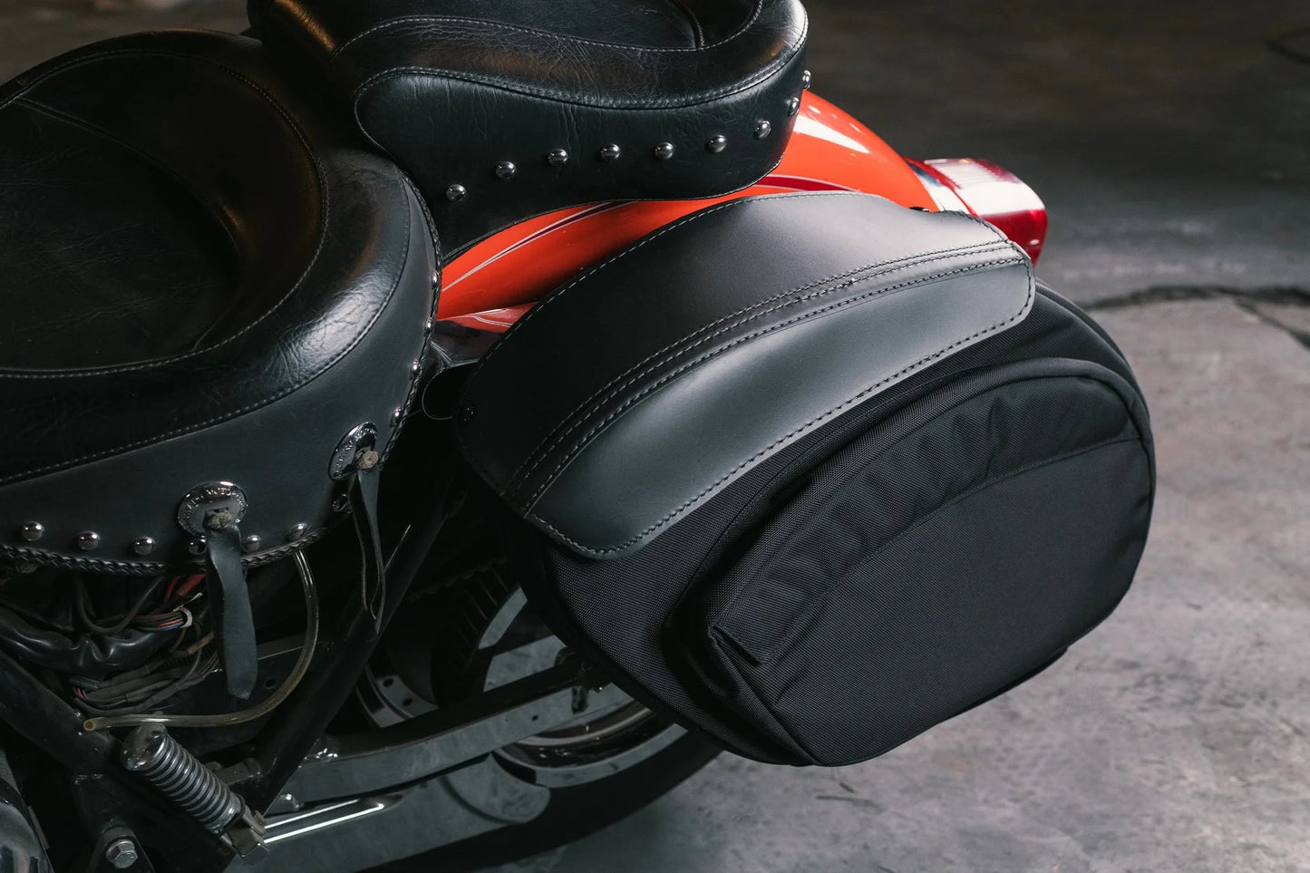 LEATHER PROS-  Retro Series V3 FXR Saddlebags - All FXR Models with 8" fender strut bolt spacing