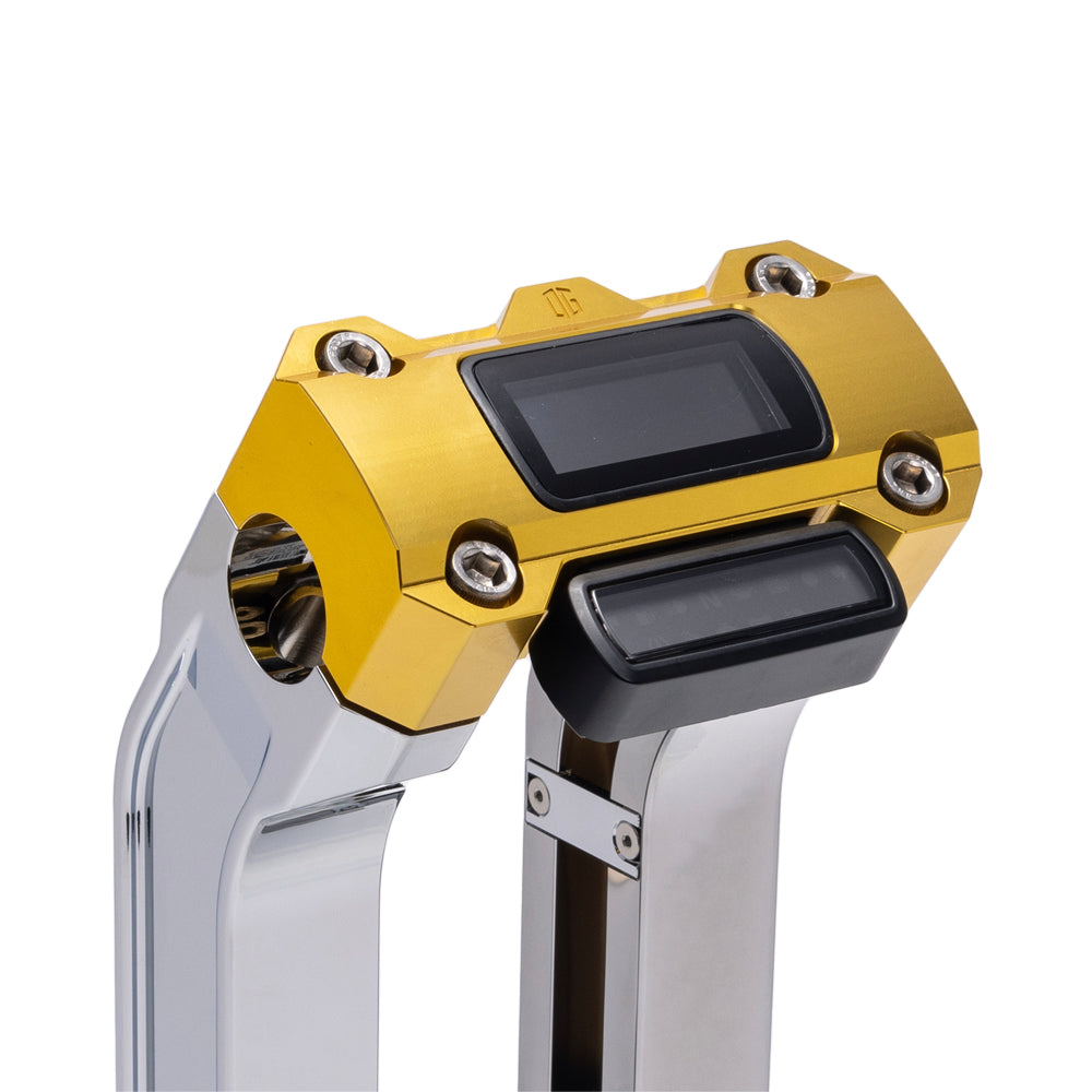 OG Chrome 10.5 inch Pull Back Risers with Gold Digital Gauge Cut Out Top Clamp