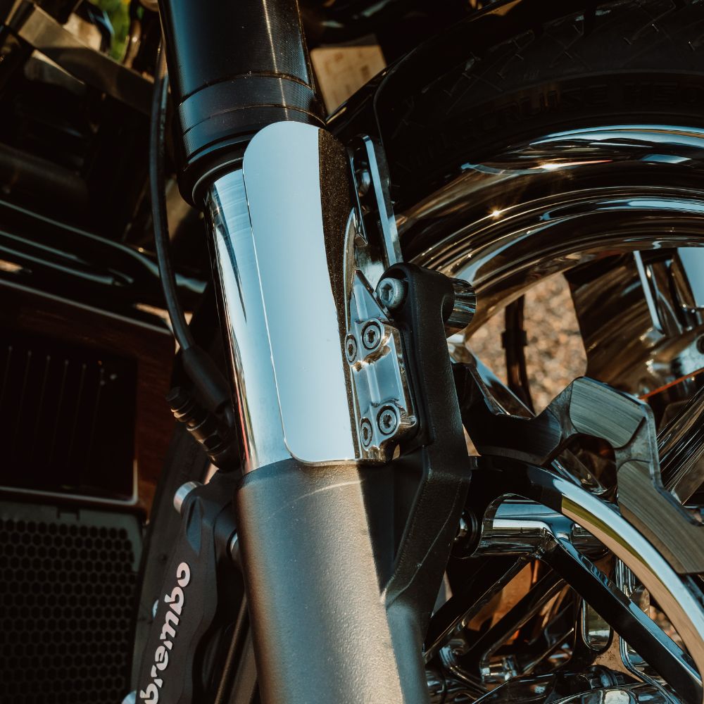 OG Chrome 2023-Up Touring CVO Fork Guards installed on a 2024 Touring CVO