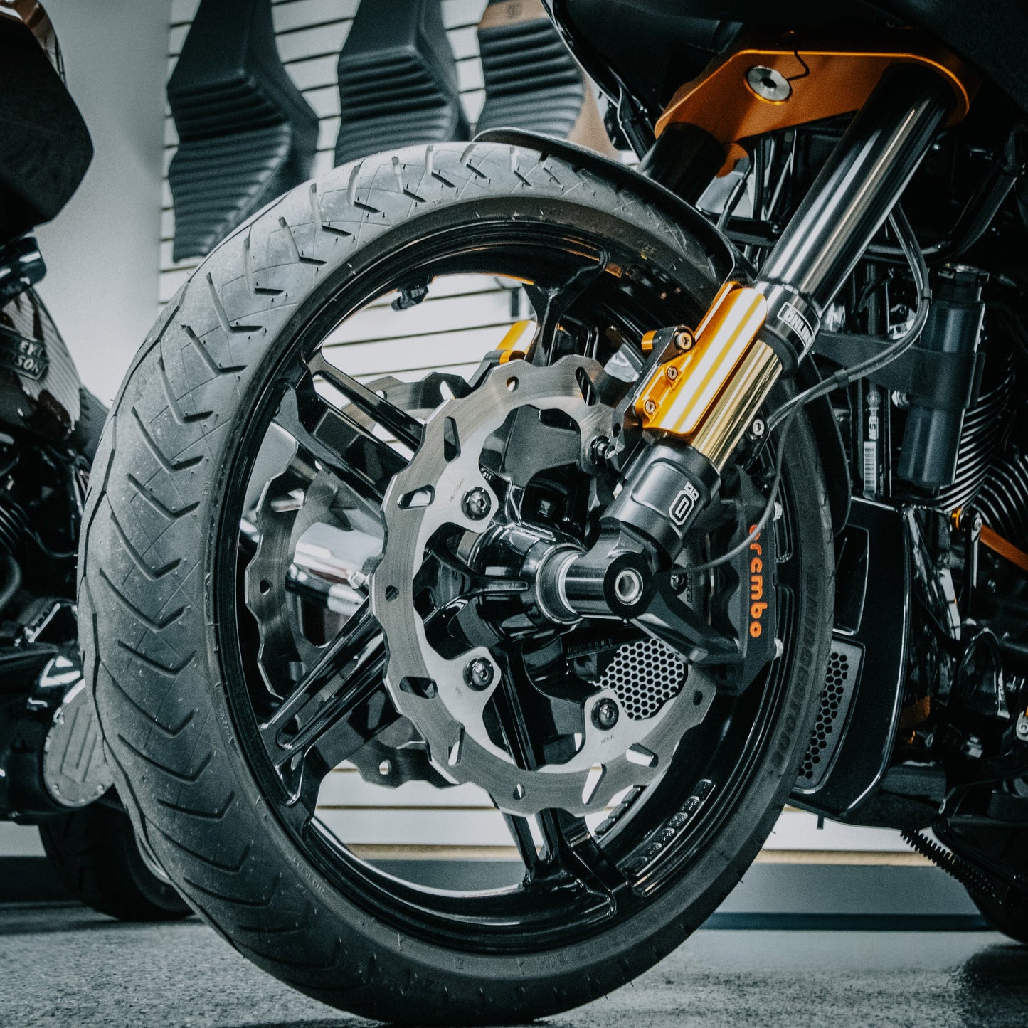 OG Orange 2023-Up Touring CVO Fork Guards installed on 2024 Road Glide FLTRX with Inverted Front End