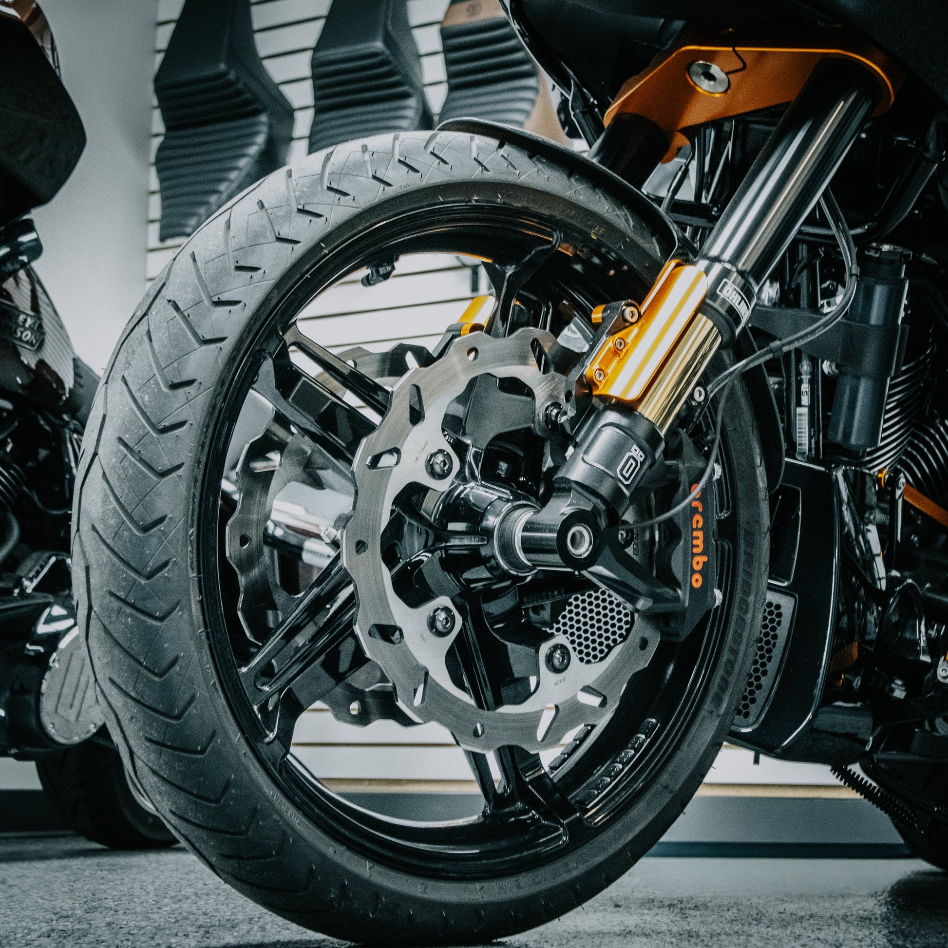 OG Orange 2023-Up Touring CVO Fork Guards installed on 2024 Road Glide FLTRX with Inverted Front End