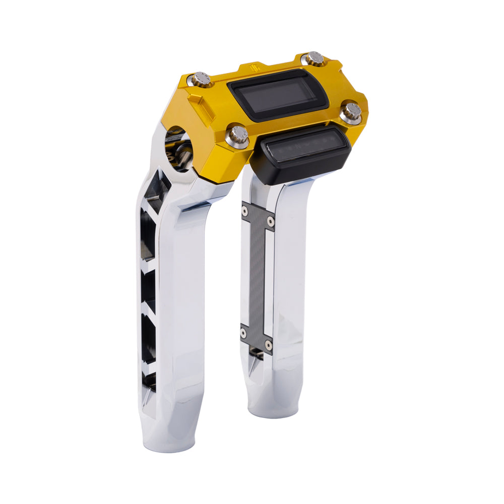 OG Chrome Performance 8.5 inch Pull Back Riser Legs with Gold Performance Digital Gauge Top Clamp