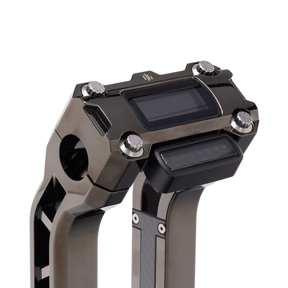 OG Black Chrome Performance Digital Gauge Top Clamp on OG Black Chrome Performance Riser Legs