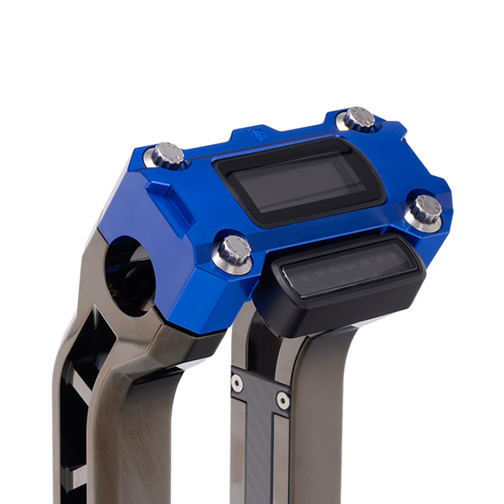 OG Blue Performance Digital Gauge Top Clamp on OG Black Chrome Performance Riser Legs