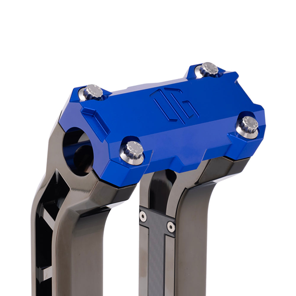 OG Blue Performance Top Clamp on OG Black Chrome Performance Riser Legs