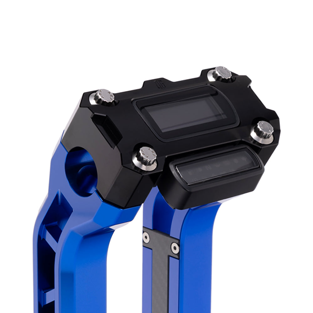 OG Black Performance Digital Gauge Top Clamp on OG Blue Performance Riser Legs