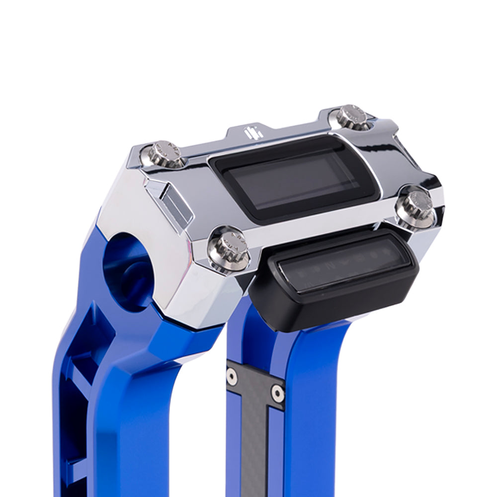 OG Chrome Performance Digital Gauge Top Clamp on OG Blue Performance Riser Legs