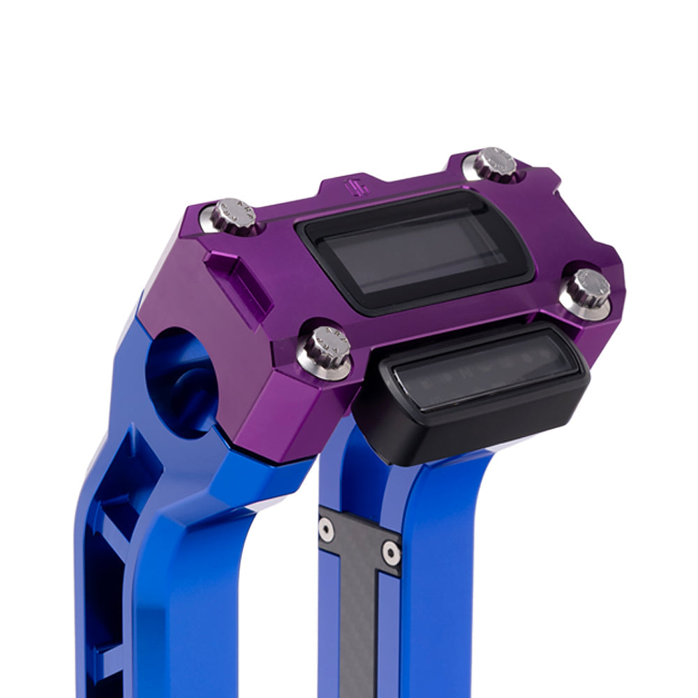 OG Purple Performance Digital Gauge Top Clamp on OG Blue Performance Riser Legs