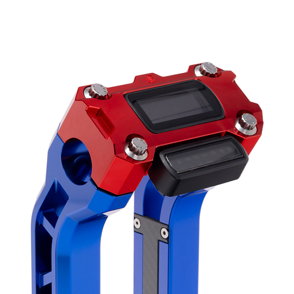 OG Red Performance Digital Gauge Top Clamp on OG Blue Performance Riser Legs