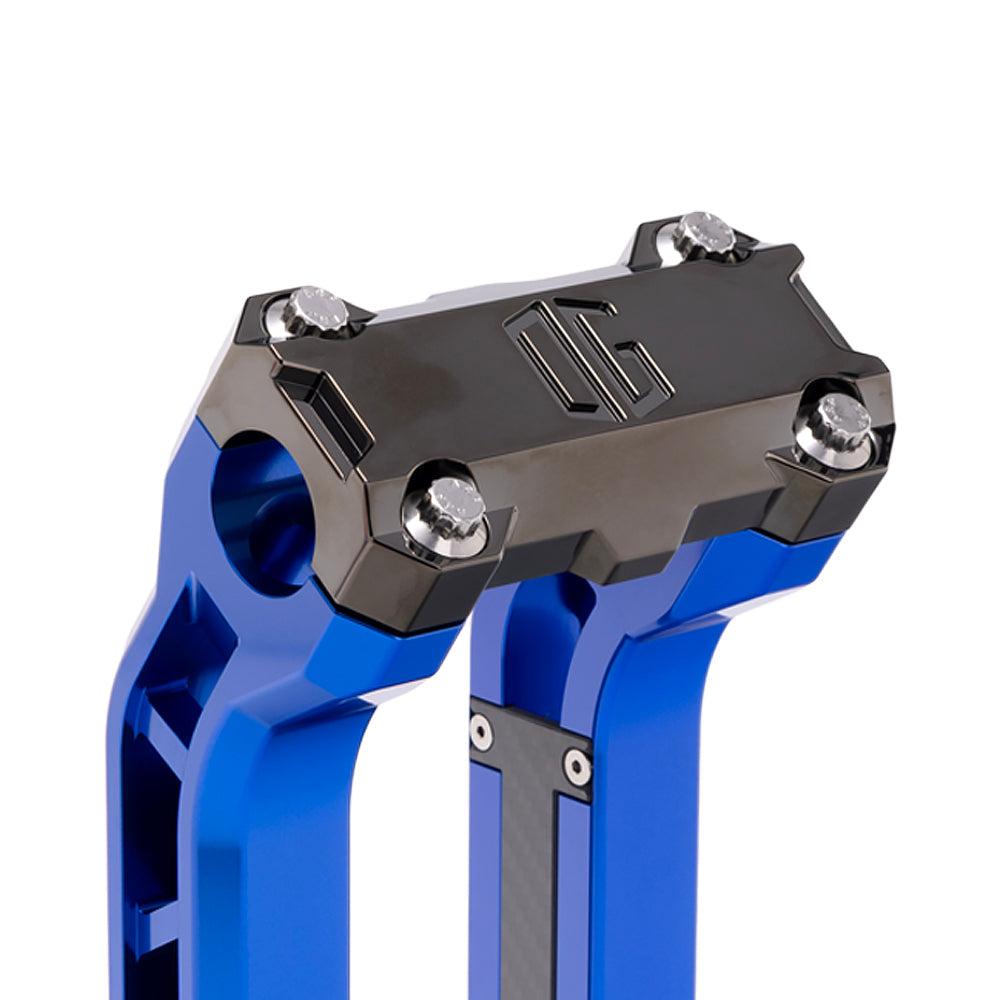 OG Black Chrome Performance Top Clamp on OG Blue Performance Riser Legs