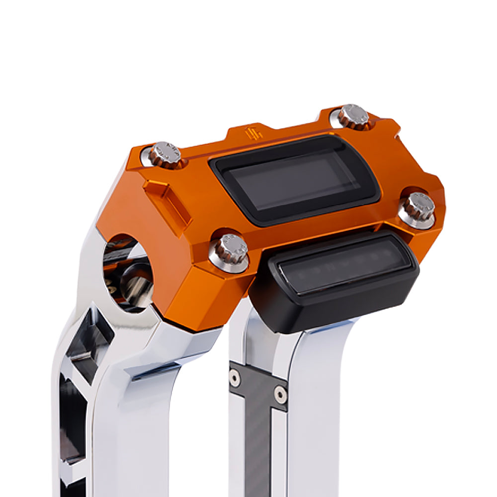 OG Orange Performance Digital Gauge Top Clamp on OG Chrome Performance Riser Legs