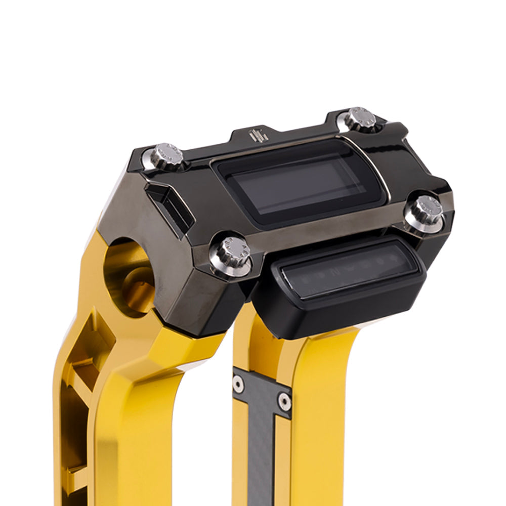 OG Black Chrome Performance Digital Gauge Top Clamp on OG Gold Performance Riser Legs
