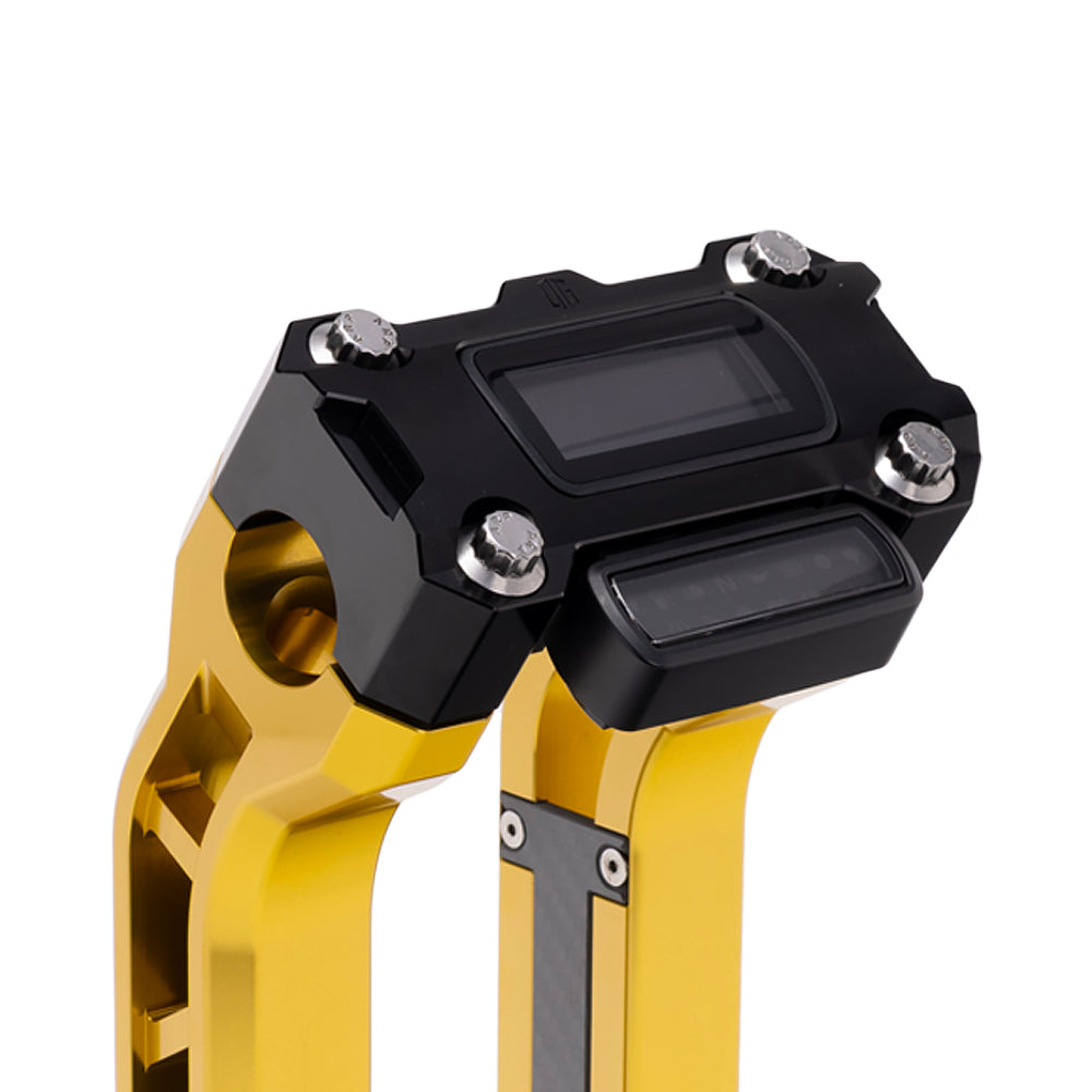 OG Black Performance Digital Gauge Top Clamp on OG Gold Performance Riser Legs