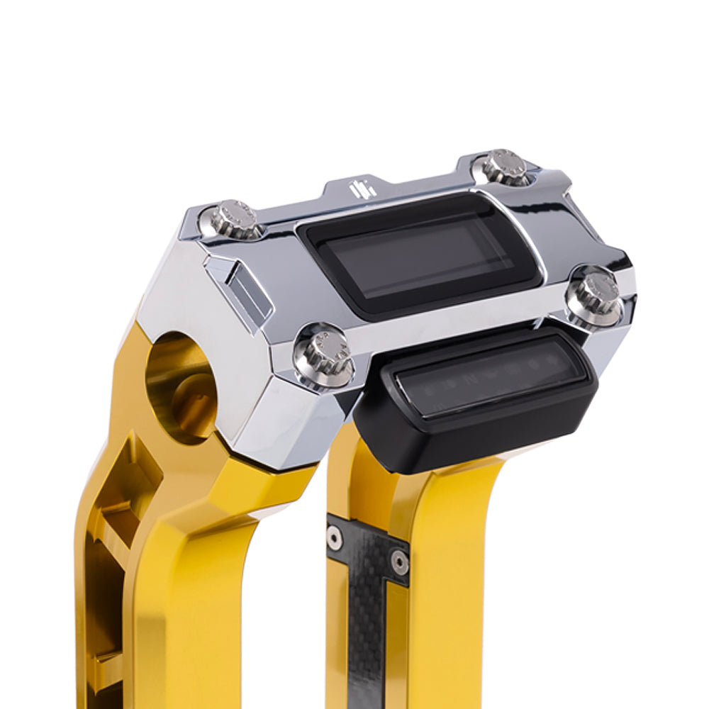 OG Chrome Performance Digital Gauge Top Clamp on OG Gold Performance Riser Legs