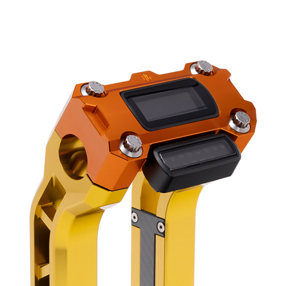 OG Orange Performance Digital Gauge Top Clamp on OG Gold Performance Riser Legs