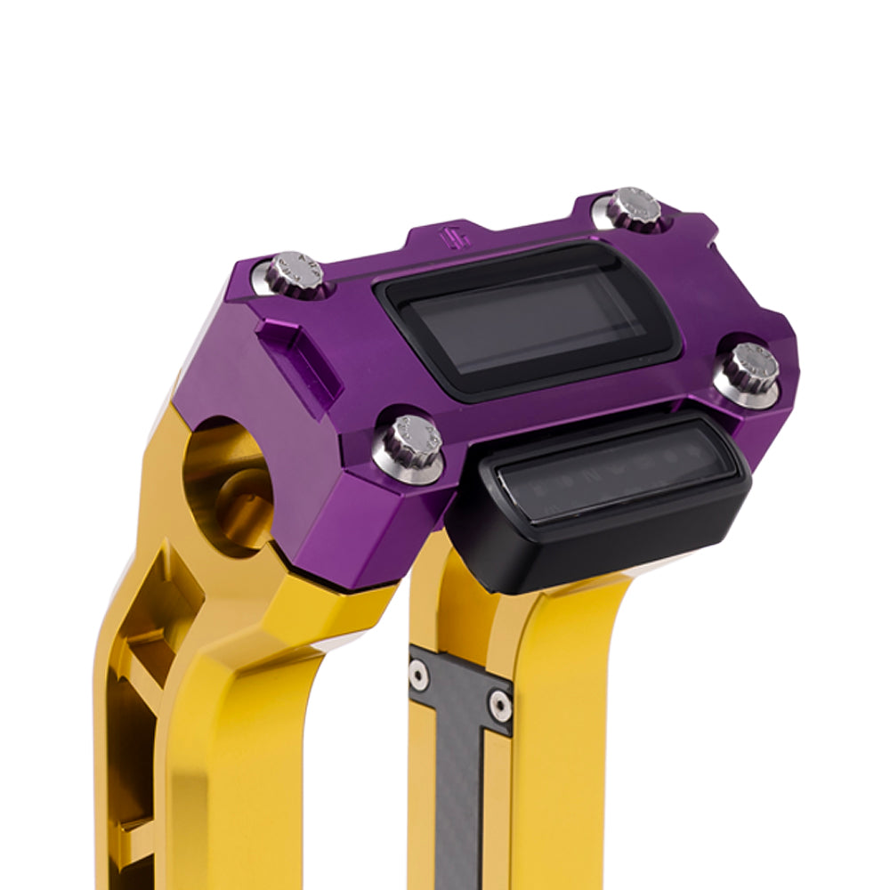 OG Purple Performance Digital Gauge Top Clamp on OG Gold Performance Riser Legs