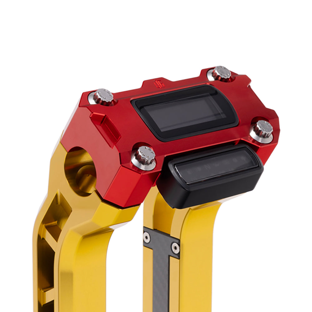 OG Red Performance Digital Gauge Top Clamp on OG Gold Performance Riser Legs