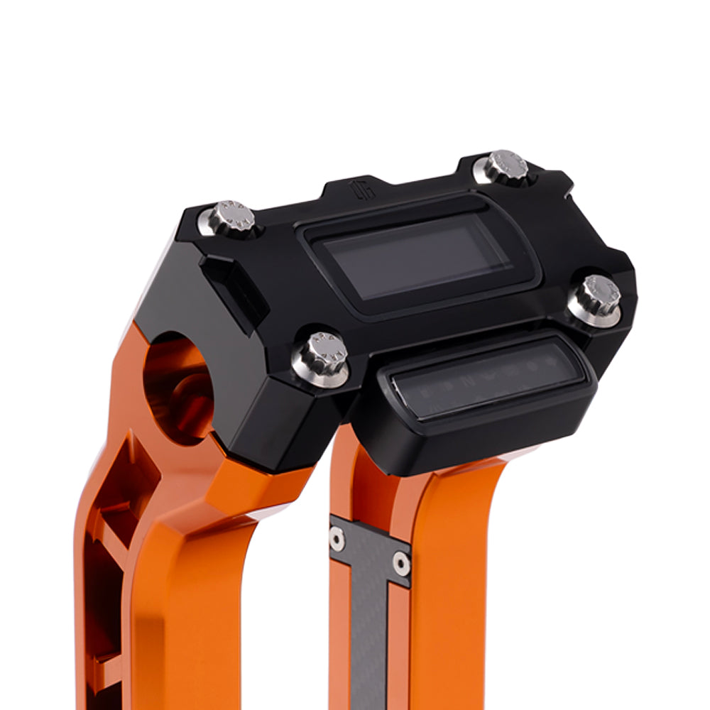 OG Black Performance Digital Gauge Top Clamp on OG Orange Performance Riser Legs