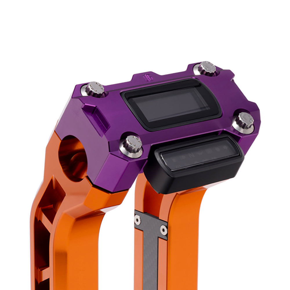 OG Purple Performance Digital Gauge Top Clamp on OG Orange Performance Riser Legs