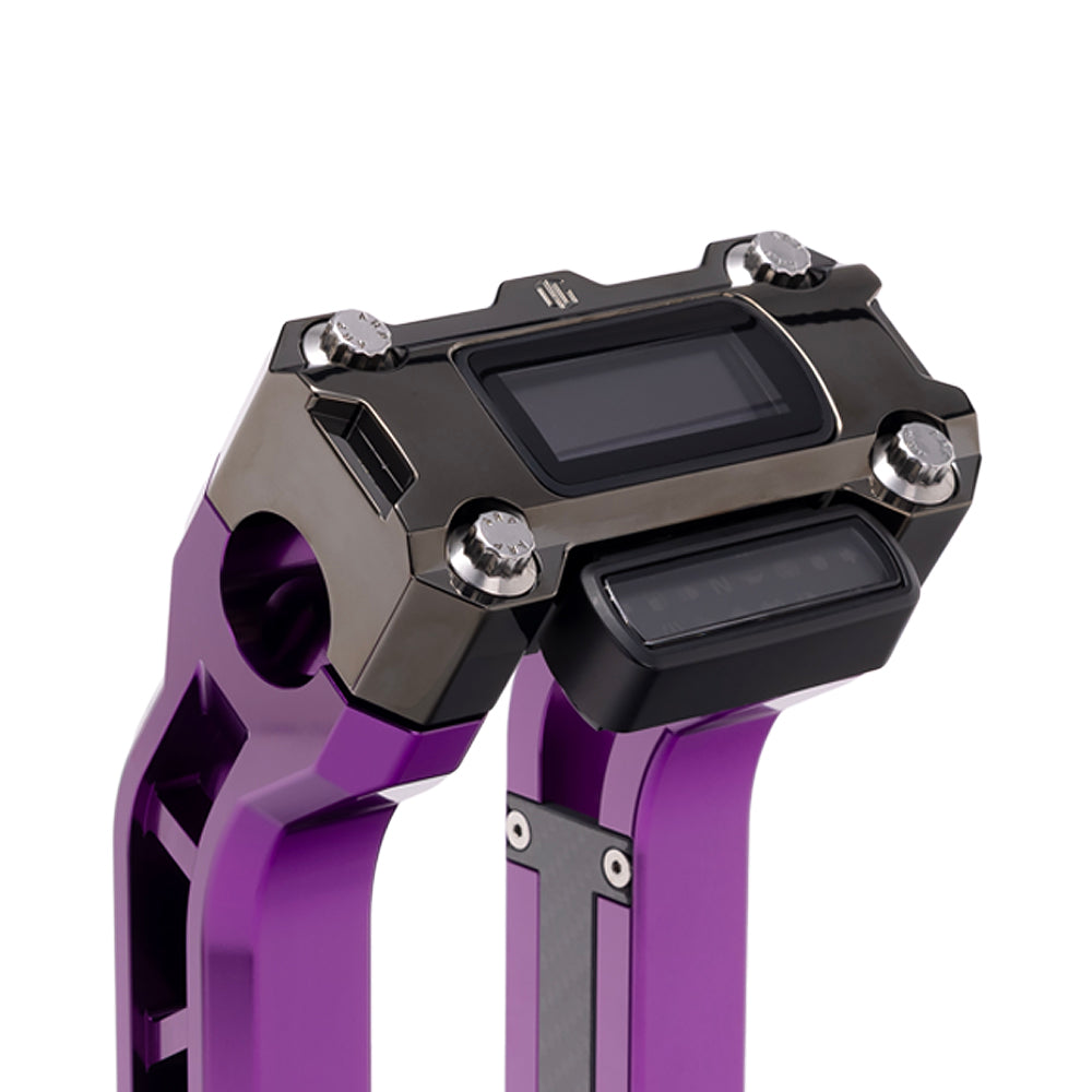 OG Black Chrome Performance Digital Gauge Top Clamp on OG Purple Performance Riser Legs