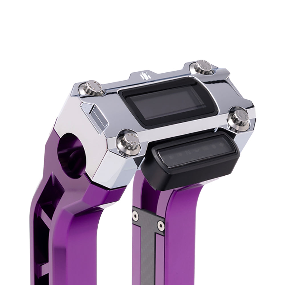 OG Chrome Performance Digital Gauge Top Clamp on OG Purple Performance Riser Legs