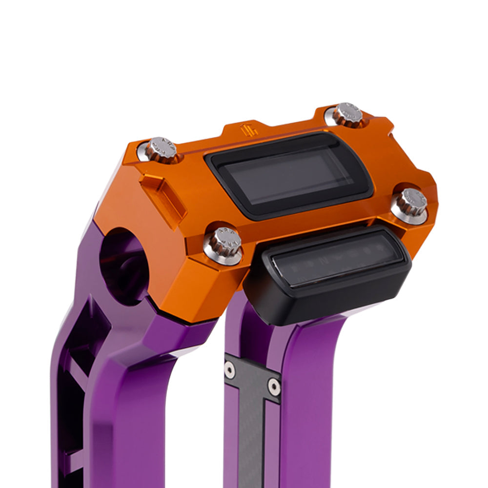 OG Orange Performance Digital Gauge Top Clamp on OG Purple Performance Riser Legs