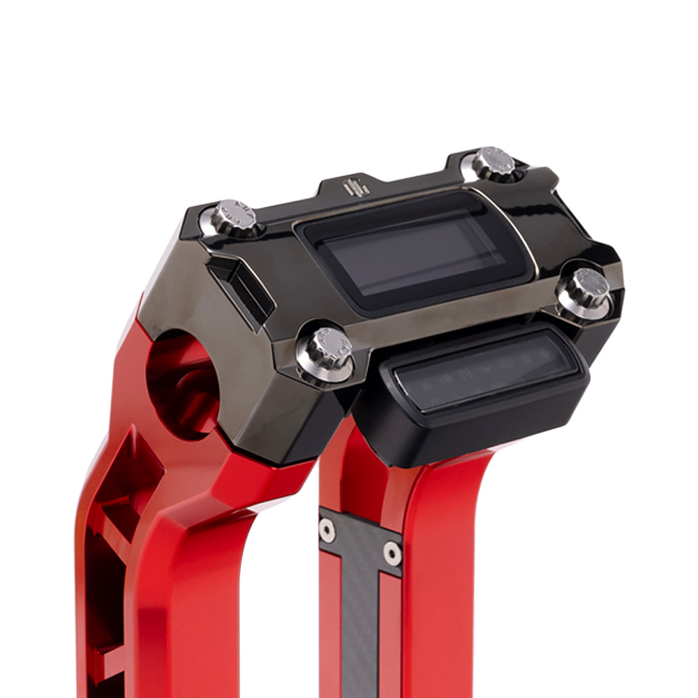 OG Black Chrome Performance Digital Gauge Top Clamp on OG Red Performance Riser Legs