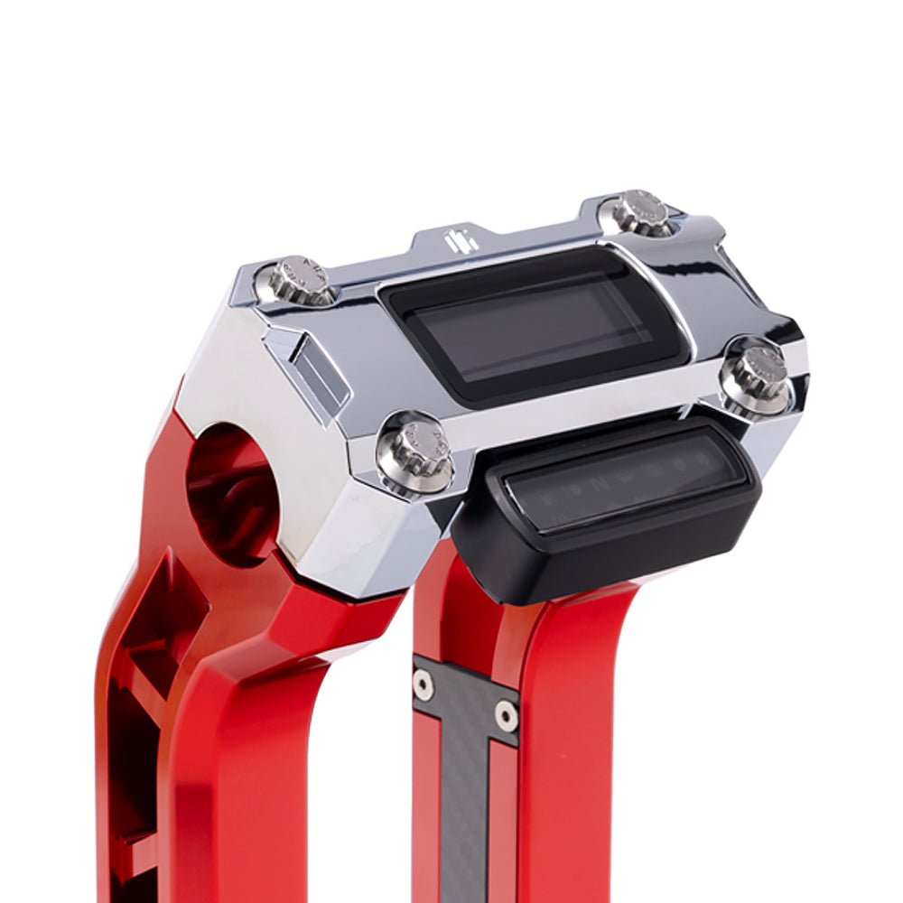 OG Chrome Performance Digital Gauge Top Clamp on OG Red Performance Riser Legs
