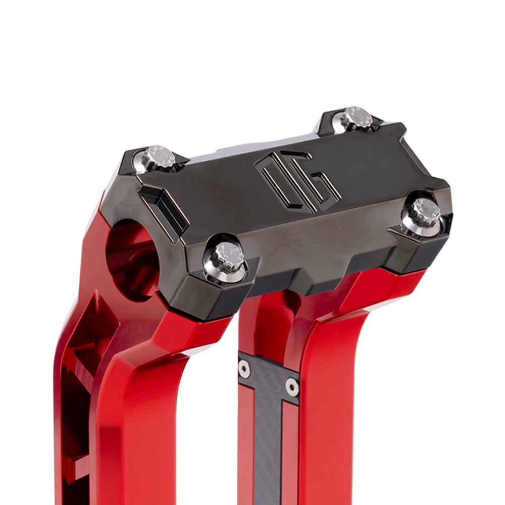 OG Black Chrome Performance Top Clamp on OG Red Performance Riser Legs