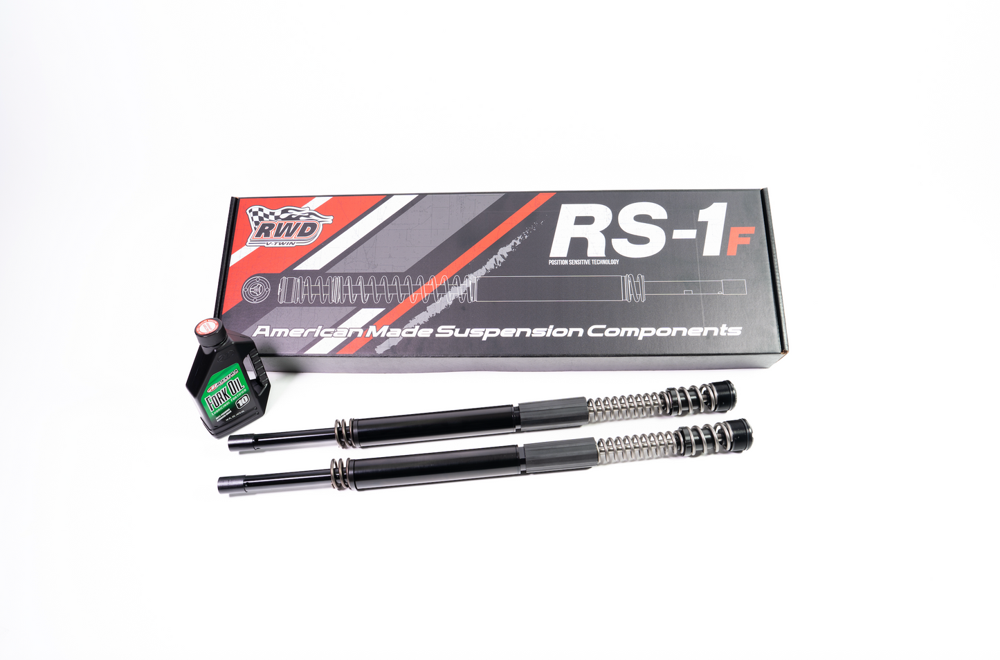 RWD V-Twin RS-1F American Made Suspension Components box, two black motorcycle fork internals with springs, and a bottle of RWD V-Twin fork oil, all displayed on a white background.