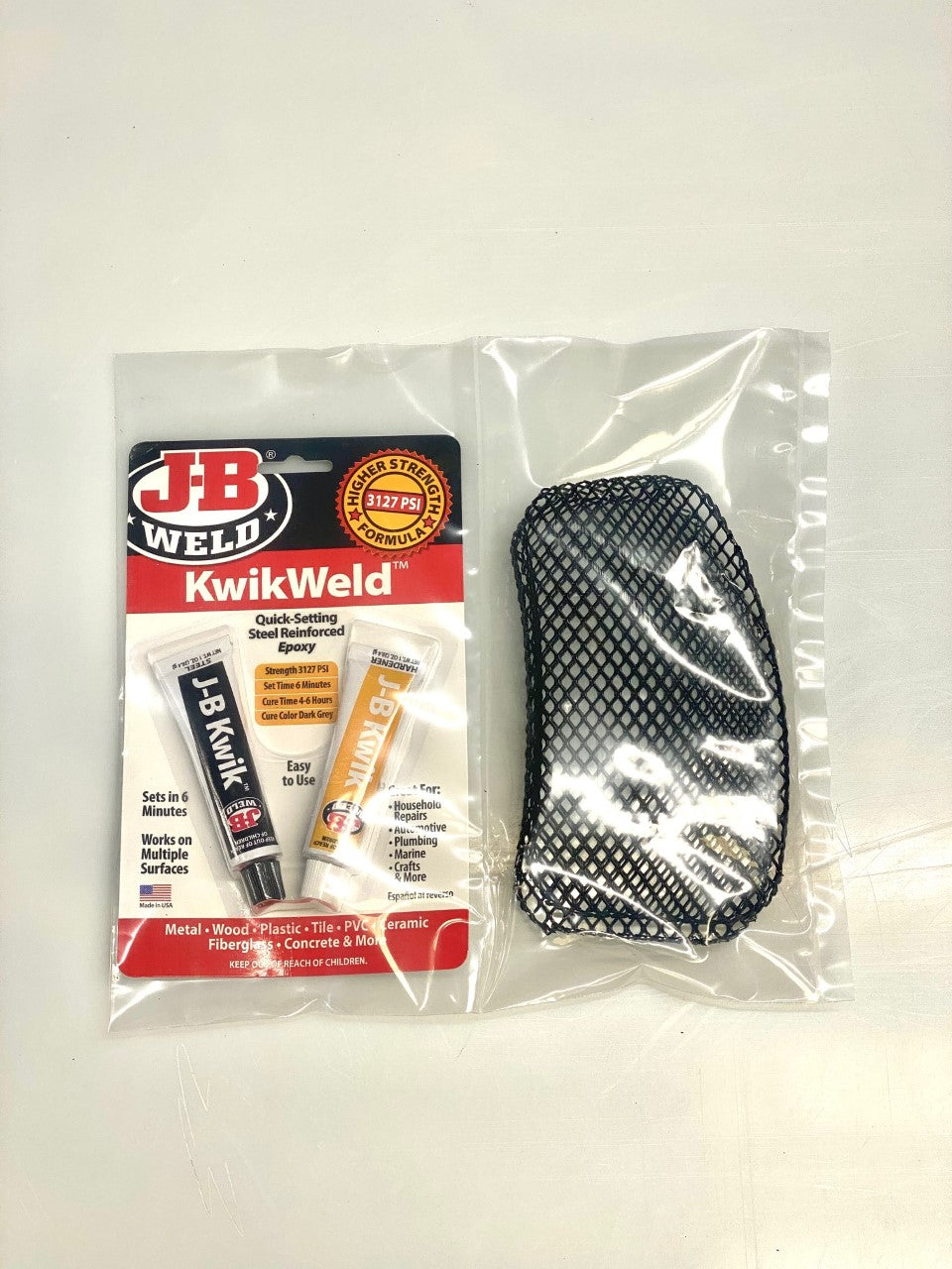 RWD V-Twin JB Weld KwikWeld quick-setting steel reinforced epoxy, packaged with a black mesh bag.